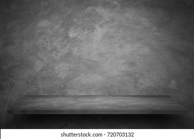 Empty Top Stone Shelves With Grunge Dark Cement Or Concrete Wall Texture Background.Counter For Display Or Montage Of Product.