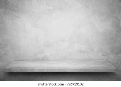 Empty Top Stone Shelves With Grunge White Gray Cement Or Concrete Wall Texture Background.Counter For Display Or Montage Of Product.