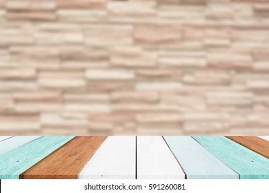 Empty Top Wooden Table Vintage Old And Blurred Stone Wall  Background .for Product Display Front.