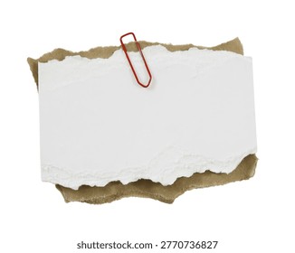 Empty torn note paper mcokup, red clip on brown ripped craft paper scrap isolated on Transparent Background. Stationery Mockup, Copy Space. Office Memo Template. Writing. Planning Graphic object
