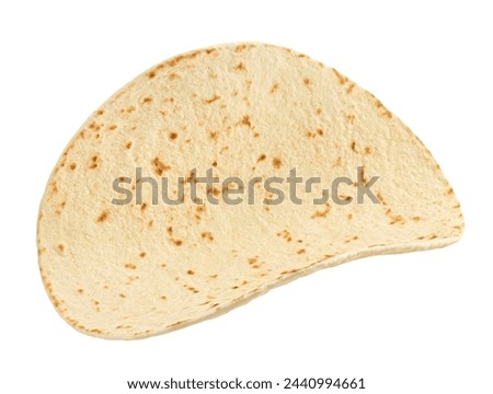 Empty tortilla, thin wheat flatbread isolated on white background