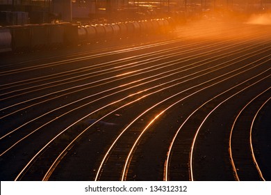 Empty Tracks In A Railroad Yard At Sunset