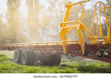 Empty tractor trailer after stransporting stacked hay bales