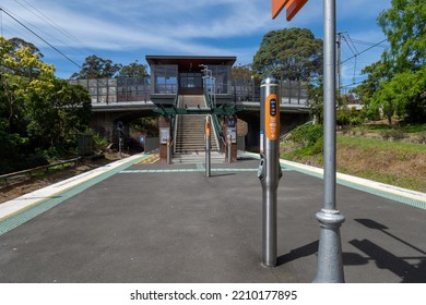 Empty Train Platform. Train Station Platform In Sydney Australia 4 October 2022. Opal Card Reader Pole Can Be Seen. Stairs And Bridge At Train Station Platform In Australia.