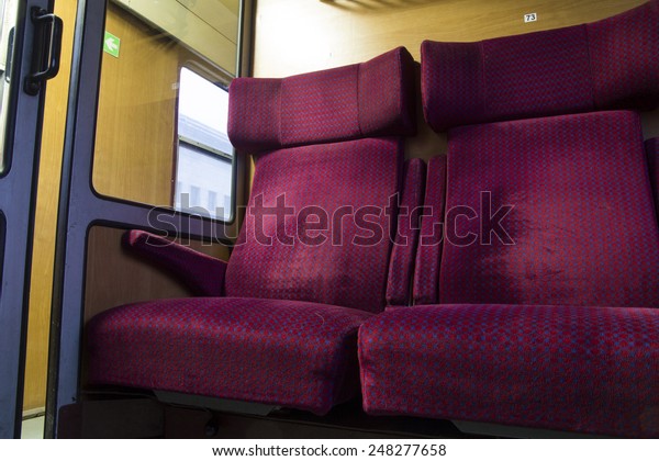 Empty train seats ,first class, in Bulgaria, from\
worms view
