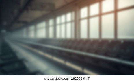 An empty train station platform bathed in sunlight streaming through large windows, creating a sense of quiet anticipation.