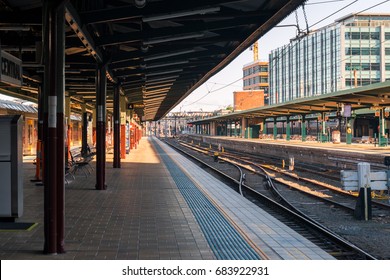 An Empty Train Station Platform And Empty Railway At Sydney Central Station