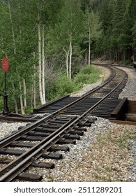 Empty train track going around the bend into the trees