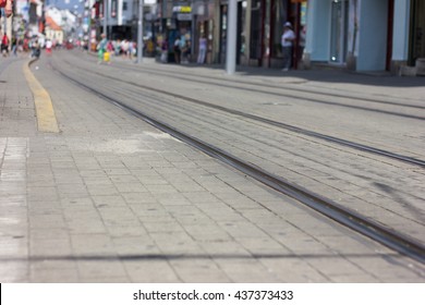 Empty Tram Rails In A Tram Stop