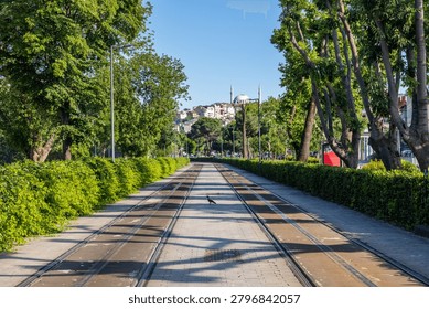 Empty tramway tracks running through a lush green public park under a clear blue sky. Modern urban public transit infrastructure and sustainable transportation concept.