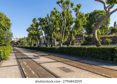 Empty tramway tracks running through a lush green public park under a clear blue sky. Modern urban public transit infrastructure and sustainable transportation concept.
