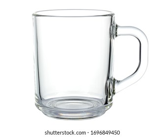 Empty transparent glass mug with round handle isolated on white background