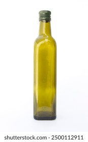 An empty transparent green bottle. This is the bottle used to store olive oil. 