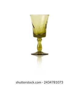 Empty transparent olive green crystal glass, Vintage glass, cordial glass, tableware, glassware, glass of water on a white background. isolated objec.
