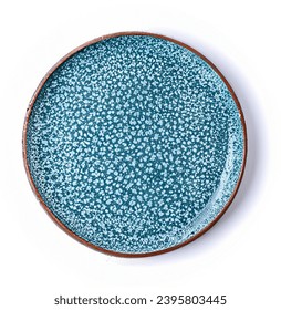 Empty trendy handmade ceramic dish tablewares Round empty plate Pastel blue turquoise aqua texture vintage classic pattern isolate on white background, top view, cut out