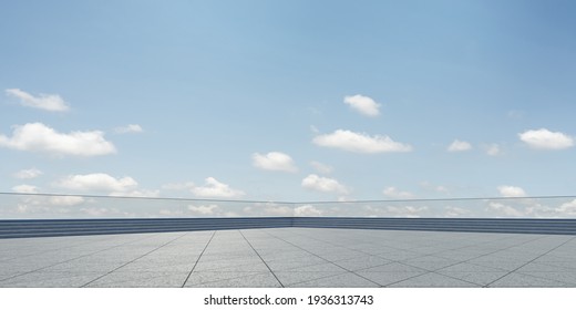 Empty triangle shape stone tiles floor with sky .