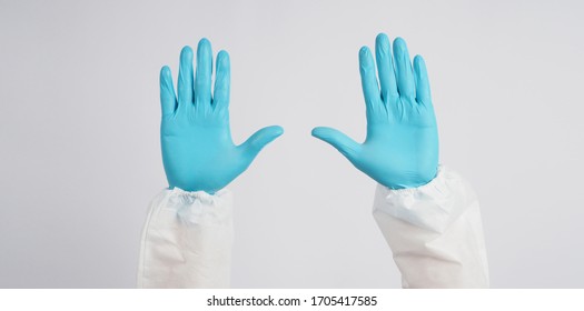 Empty Two Back Hand With Blue Gloves And PPE Suite On White Background.