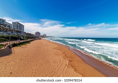 Empty Umhlanga Rocks Beach And Sea Against Blue Sky Coastal Landscape In Durban, South Africa