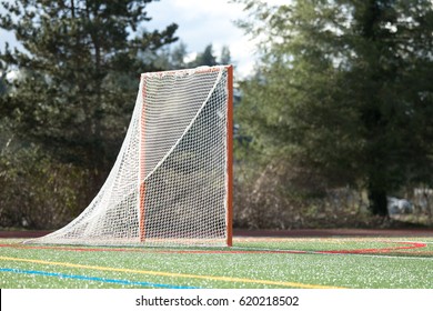 Empty Unattended Lacrosse Goal Net At Youth Intramural Game On Artificial Green Grass Turf Field With Evergreen Trees In Background 