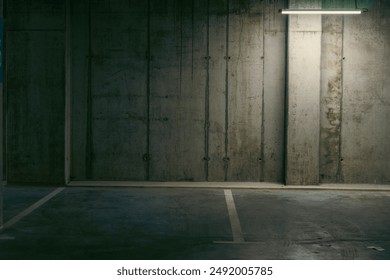 Empty underground garage. Parking lot with overhead dim light - Powered by Shutterstock