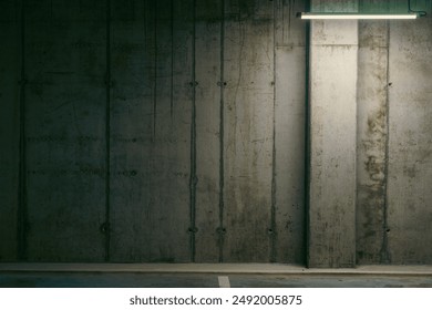 Empty underground garage. Parking lot with overhead dim light - Powered by Shutterstock