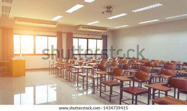 Empty University Classroom Wooden Chairs Desks Royalty Free