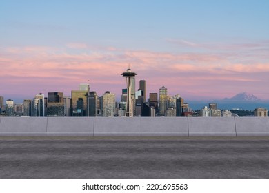 Empty Urban Asphalt Road Exterior With City Buildings Background. New Modern Highway Concrete Construction. Concept Way To Success. Transportation Logistic Industry Fast Delivery. Seattle. USA.