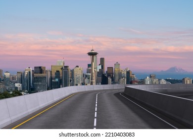 Empty Urban Asphalt Road Exterior With City Buildings Background. New Modern Highway Concrete Construction. Concept Way To Success. Transportation Logistic Industry Fast Delivery. Seattle. USA.