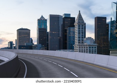 Empty Urban Asphalt Road Exterior With City Buildings Background. New Modern Highway Concrete Construction. Concept Way To Success. Transportation Logistic Industry Fast Delivery. Seattle. USA.