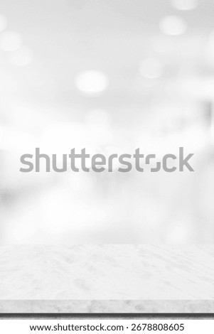 Empty vertical white table top, counter, desk background over blur  bokeh background, White marble stone table, shelf and blurred kitchen restaurant for food, product display mockup, template