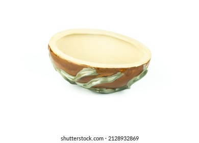 Empty Vintage Ceramics Bowl, Dish Or Crock Pot, Isolated On White Background, Side View
