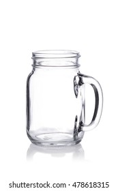 Empty Vintage Mason Jar With Handle On White Background Reflection