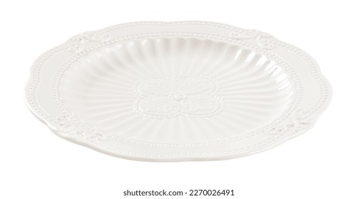 Empty vintage porcelain plate cutout. Textured white dish with a floral pattern isolated on a white background. Beautiful tableware crockery for food design. Crockery concept. Front view. - Powered by Shutterstock