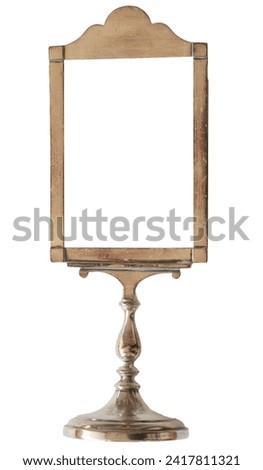 Empty vintage table top display stand, Metal Brass Menu Holder or Wedding Sign, Sign Holder with copy space. 