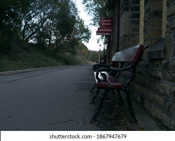 Empty Vintage Train Station Platform In Haworth Yorkshire Wide Shot