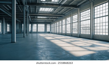 Empty vintage warehouse with exposed beams, sunlight flooding through large industrial windows, creating a warm, rustic ambiance - Powered by Shutterstock