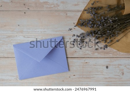 Empty violet envelope paper template mock up. Copy space for your text. Lavender flower. Greeting or invitation card blank with envelope