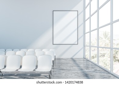 Empty Waiting Area Of Airport Terminal With Concrete Floor, Panoramic Windows, White Walls And Rows Of White Chairs. Vertical Mock Up Poster. Concept Of Transportation. 3d Rendering