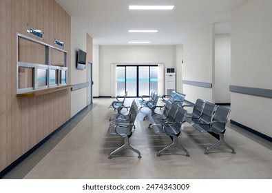 An empty waiting area with chairs, a cashier sign, and a pharmacy window in a modern building. There are rows of connected grey seating for individual waiting. Glass door at the back lead to the exit - Powered by Shutterstock