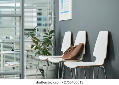 Empty waiting area featuring row of chairs against gray wall, brown leather handbag resting on one chair, potted plant and glass partition in background, office environment