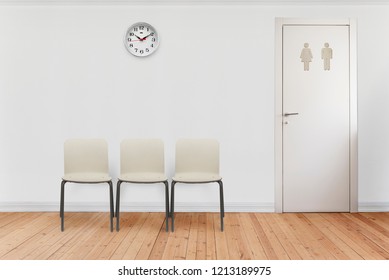 Empty Waiting Room With Chairs, Clock On Wall And Bathroom Door.