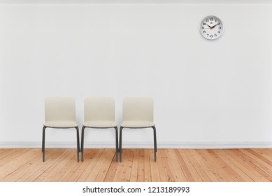 Empty Waiting Room With Chairs And Clock