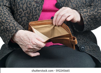 Empty Wallet In The Wrinkled Hands Of An Old Woman, Close-up