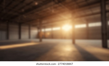 An empty warehouse interior bathed in warm sunlight, with shadows cast across the floor. The sun shines through the windows, illuminating the space. This image is perfect for business, industrial, or architectural concepts.