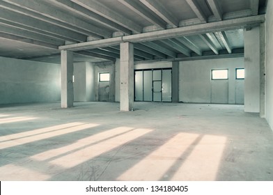 Empty Warehouse Wall Or Commercial Area, Industrial Background