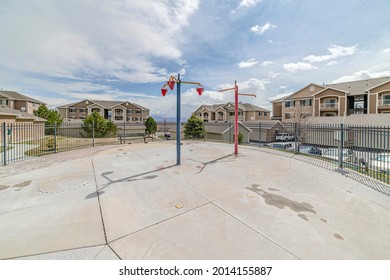 An Empty Water Park In A Residential Complex With Disabled Fountains