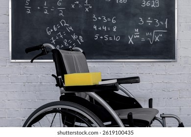 An Empty Wheelchair is Positioned in a Classroom Surrounded by Various Mathematical Equations - Powered by Shutterstock - Get 15% off with code: PIKWIZARD15