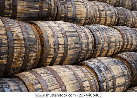 Empty whisky casks in a whisky distillery