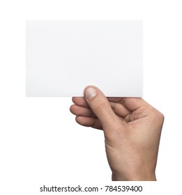 Empty White A6 Postcard Horizontally. Man Holding A Template Isolated In His Hand