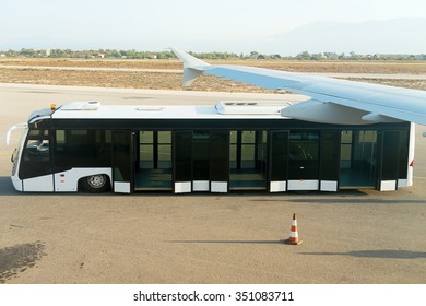 Empty White Airport Bus. Aviation Service.